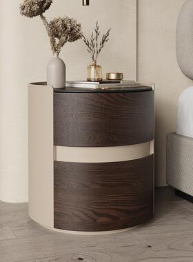 意式极简色玻璃实高木黑端圆室床头柜轻奢JPD简约卧岩板皮革窄床