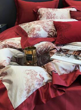 现代用结风婚庆大红纯棉20220004长绒棉四件套端床垫婚喜庆床高上