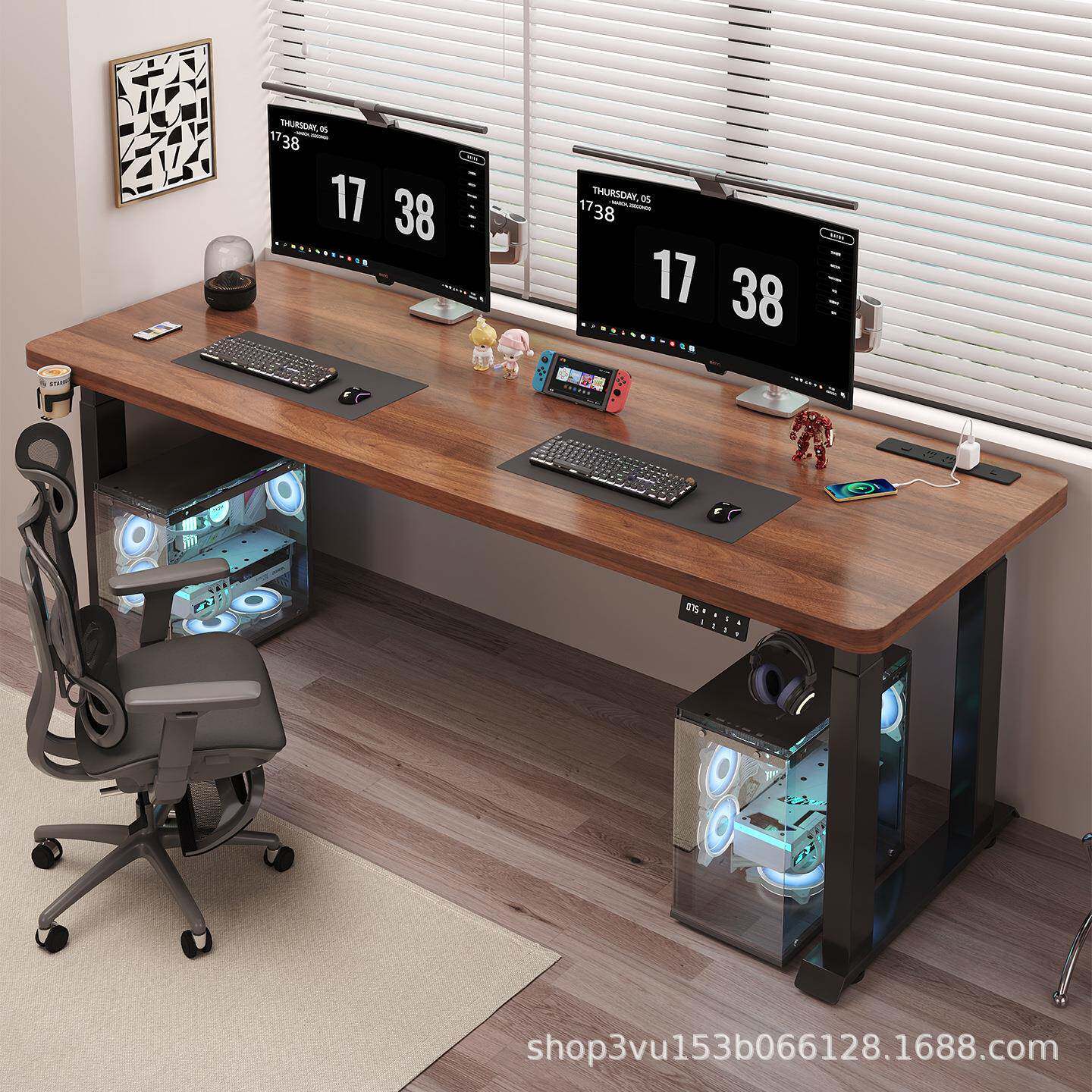 4腿4立柱实木自动电动升降桌可移动双人电竞电脑桌支架家用大尺寸