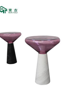 麦古北欧设计师边几手工玻璃茶几天然大理石鼓手茶几角几