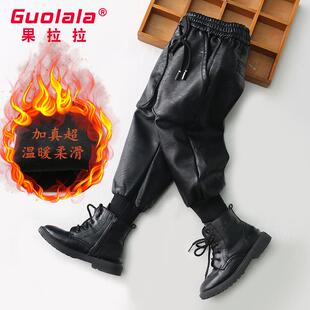 儿童宝宝皮裤秋冬男童一体加绒加厚中大童运动哈伦裤女童裤子外穿