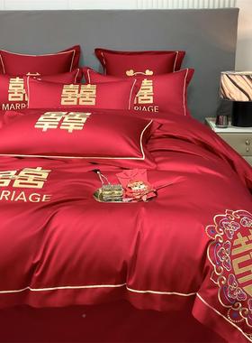 新MQF婚庆床嫁四件刺绣花水洗磨上毛床套单被套大红色结婚房陪四