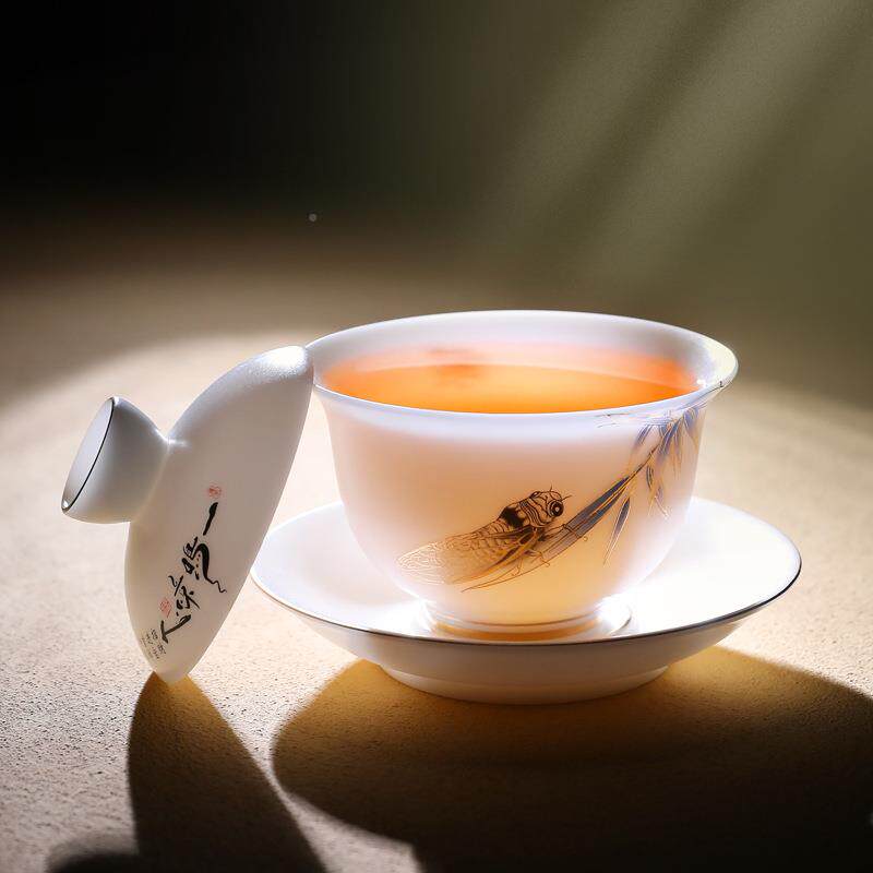种羊脂福玉素烧茶具德化白瓷三盖才碗MXR墨莲冰禄蝉千里江山盖碗