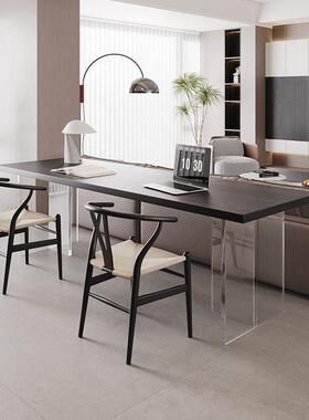 TMF黑色实木书桌横悬厅沙发极后条桌亚克力浮双长人学习桌简电脑