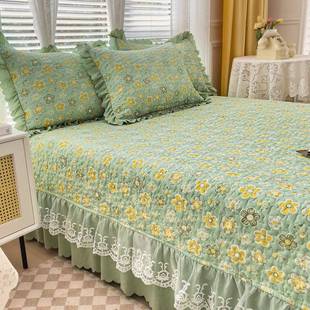 A类水棉麻双层纱洗床盖四IVD件套夹床笠套枕被棉套蕾丝花边床盖