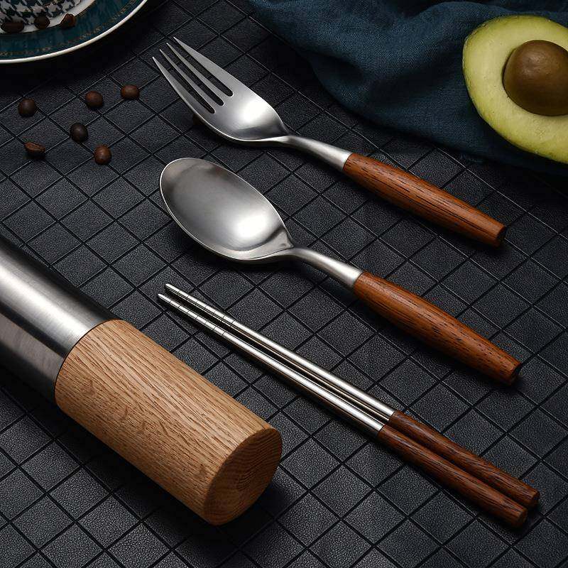 0木柄便携AYF学餐具筷子勺子套装圆筒盒西餐34不锈叉钢子日式生