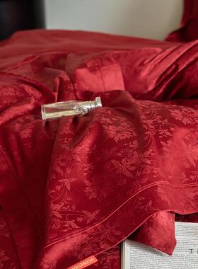 感婚庆色10结S0棉质长F5M87THH绒棉提花四件套红床单棉质婚被套床