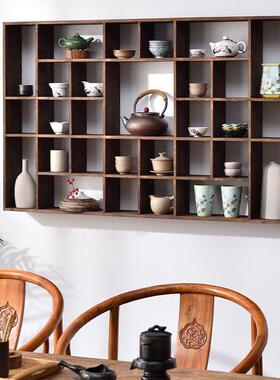 实壁挂式RIL置物架实木茶格子架木多宝阁博古博架壁挂式古具架挂