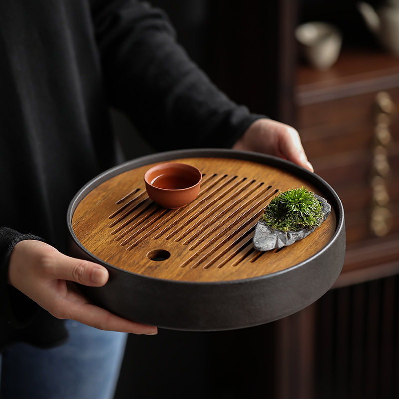 重竹干泡茶盘家用竹制小茶海陶瓷小型托盘简约干泡盘圆形储水茶台