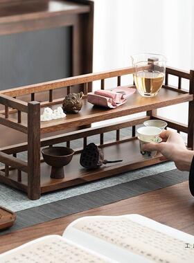 黑胡木桌置物书F5M775J5架茶室茶桌茶具多层收纳摆放实木桃书架博