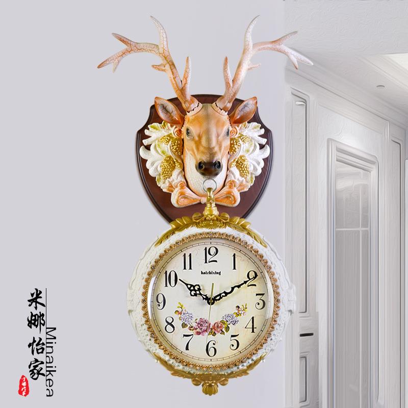 美复古双面挂性钟客厅9920/991钟创意个鹿头式装饰壁挂大号表静音
