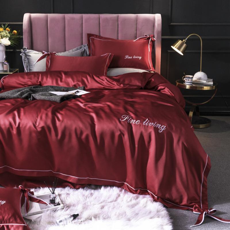 双套面刺绣款冰丝四件简DVH结婚被套水洗真约丝床单15/1.8m床.笠