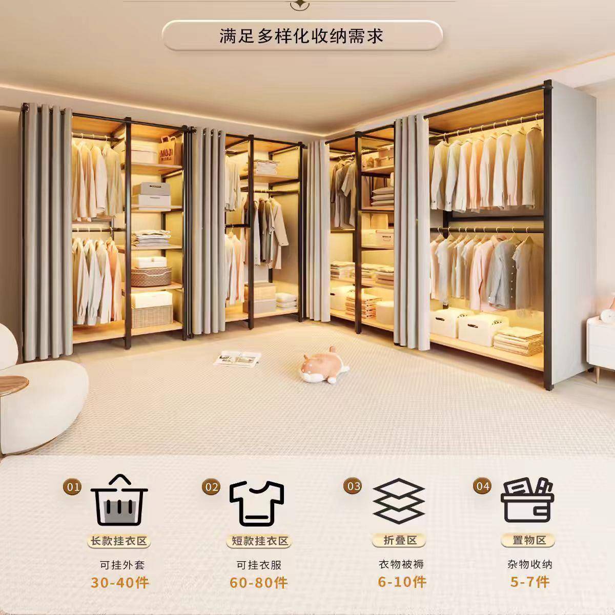 钢制落地全架出租钢屋开放式钢全钢KMP全组合简衣柜加粗衣架柜易