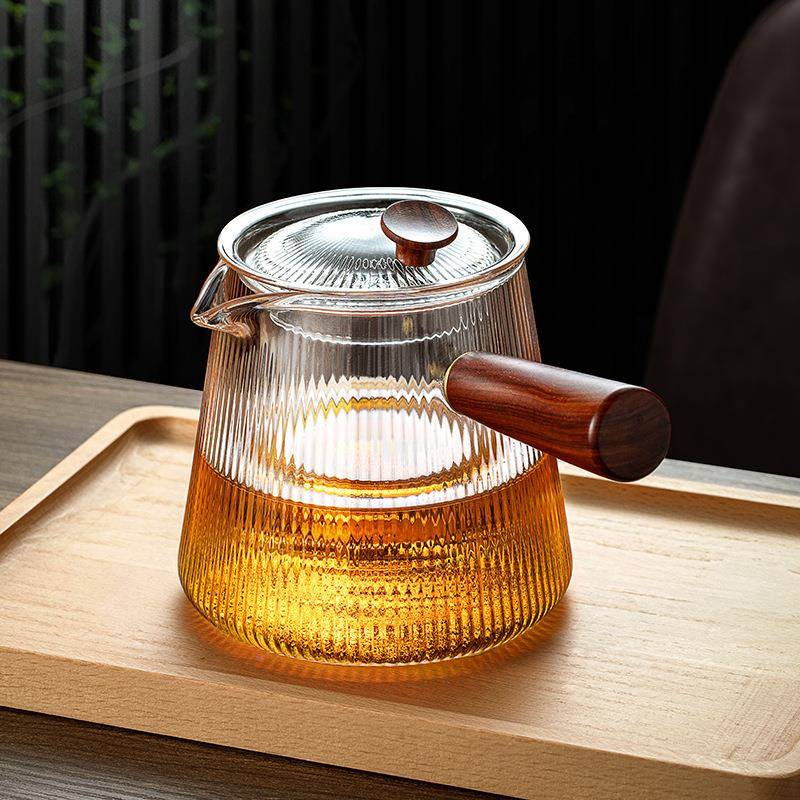 侧把煮茶宜香壶壶耐高玻单璃器泡茶壶壶大容量竖纹温过滤煮茶木茶