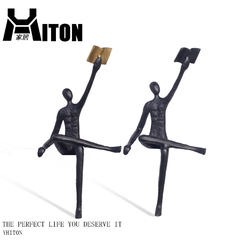 现代创意金属抽象人物看书雕塑摆件样板房售楼处客厅玄关软装饰品