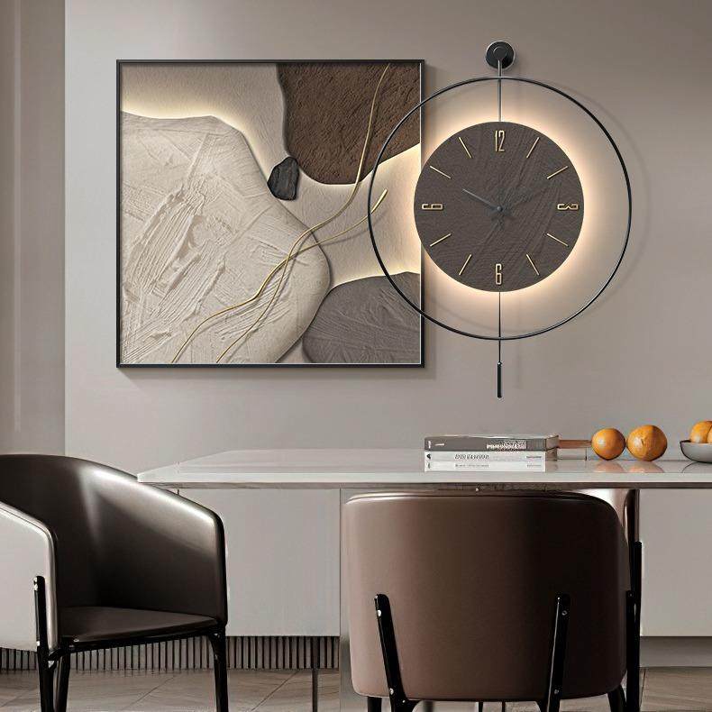 石来运转餐厅装饰画带时钟现代轻奢高级感饭厅挂画简约餐桌边挂钟