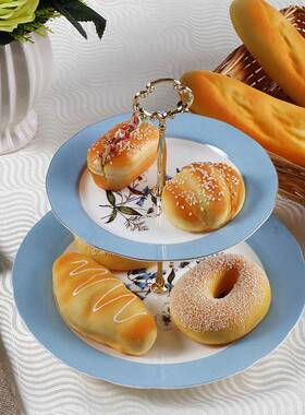 欧式金边骨19863瓷双层质蛋茶糕盘创家用陶瓷意盘下午点心水果骨