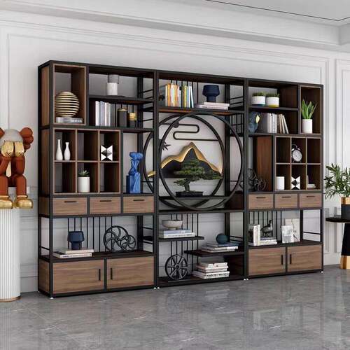 新中式铁艺博古架书架展示架办公室隔断柜餐厅实木茶柜茶室置物架