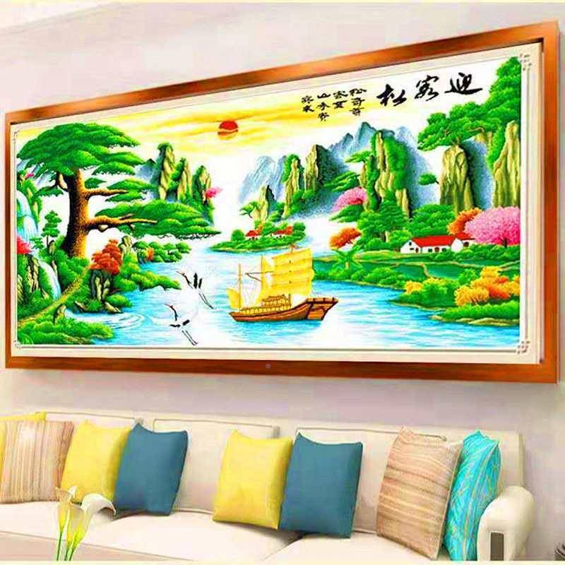 穿珠子绣十字绣厅F8758JM7大幅风景珠绣新迎客全松彩珠款山水客串