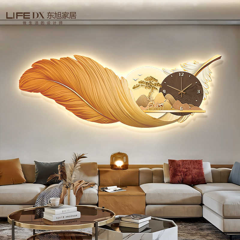 羽毛餐厅装饰画带钟表轻奢鹿挂画新中式客厅山水时钟led灯画晶瓷