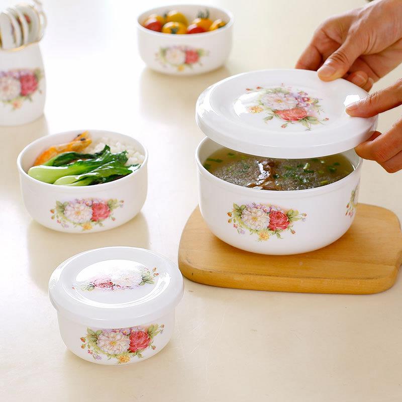 陶盖骨瓷保鲜碗三套家用无品牌/微波炉瓷碗带件泡面碗加热饭盒密