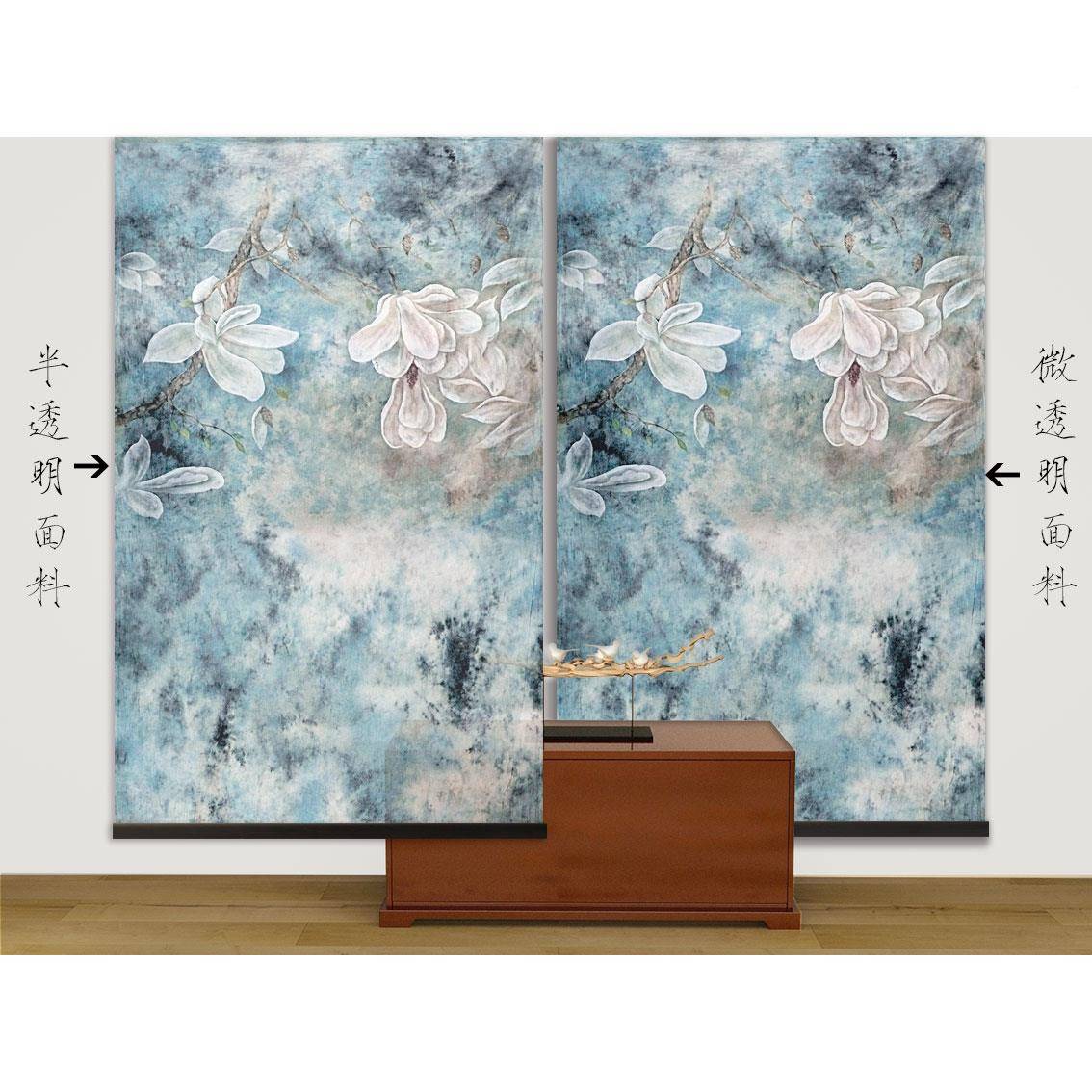 新中式纱风软屏风挂屏式079挂屏风挂屏中式半透明帘卷帘印玉兰象