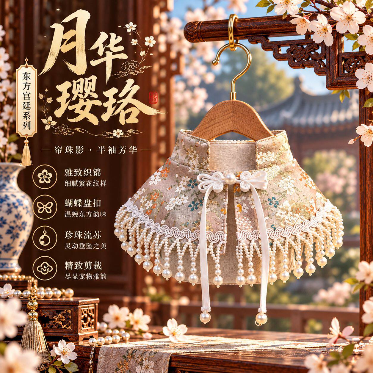 国风宠物云肩珍珠流苏蕾丝披肩小型犬猫咪新中式拍照围脖配饰