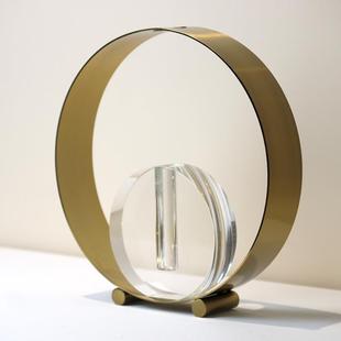 轻奢现代金属圆形水晶花瓶客厅样板间软装 餐桌品花器插花艺术摆件