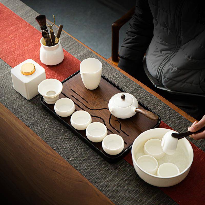 高端汉白玉瓷茶具德化家用简约羊脂玉瓷盖碗白瓷侧把茶壶茶杯陶瓷
