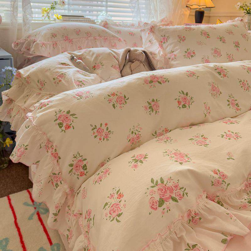 韩版水洗棉麻四件套床裙款双层纱被套花边床单床上用品双人床品