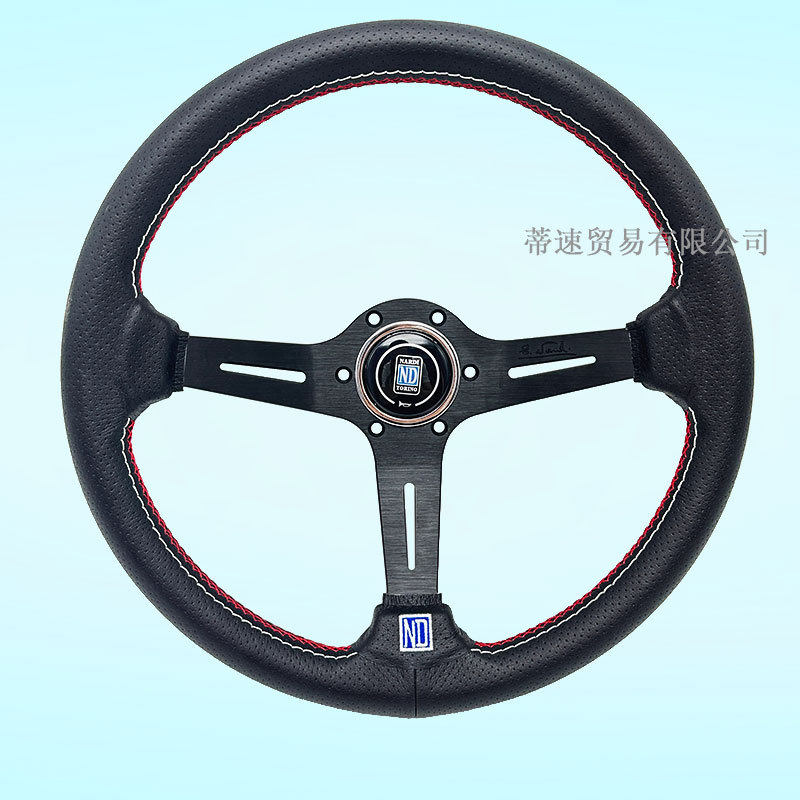 热销ND改装14寸赛车竞技方向盘中凹改装真皮方向盘通用孔距74mm