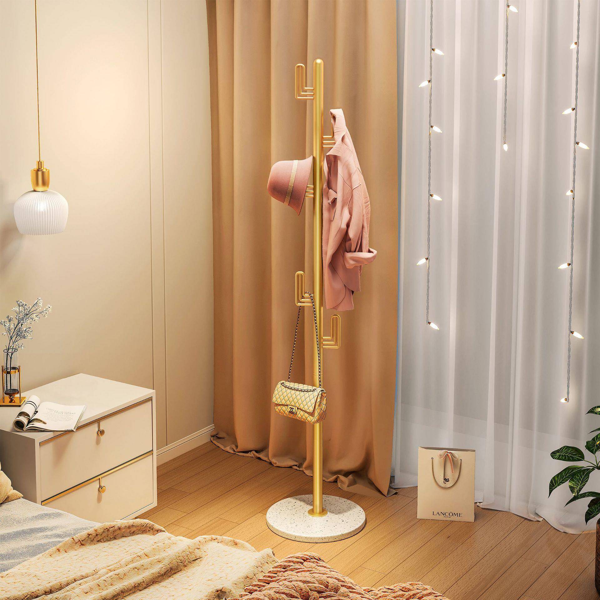 轻奢衣帽架落地单杆式挂衣架卧室家用小型收纳挂衣架大理石挂包架