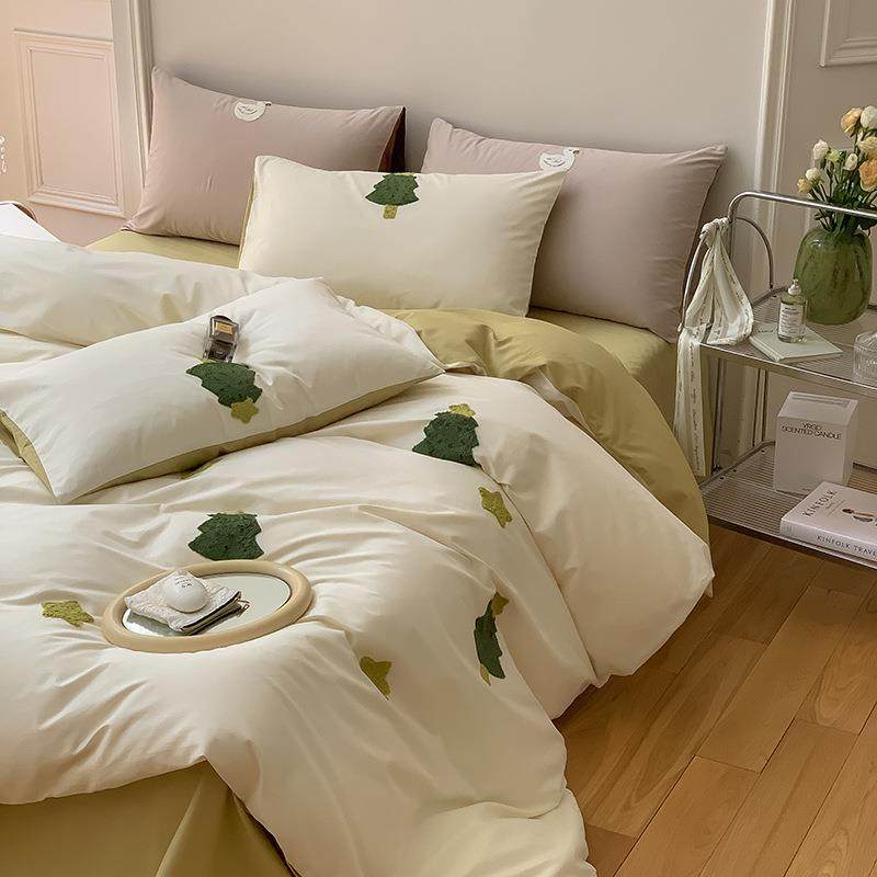 100支卡通小清新毛巾绣纯棉冬季磨毛床上四件套全棉被套床单床笠4