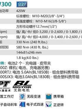 牧MZE田手（MIAKTA）DTW300RTJ充电式冲击扳电动扳手1V5.80Ah两电