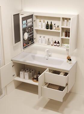 4QIYI轻奢肤感一体浴室柜镜柜洗组合奶风油卫生间盆洗手池智能收