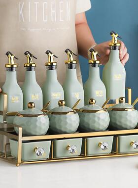 果绿色厨房调料盒玻璃调QHH味瓶装家酱调用陶瓷料罐子油套盐醋收