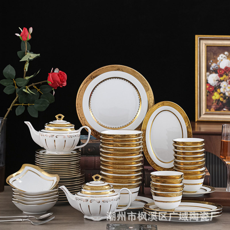 现代简约浮雕金62头陶瓷餐具套装餐厅镀金边牛排盘欧式水果盘面盘