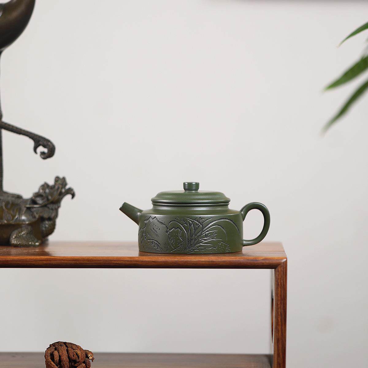 德钟原矿豆砂青手工刻字画王芳宜兴紫砂壶工堂直播供头茶具
