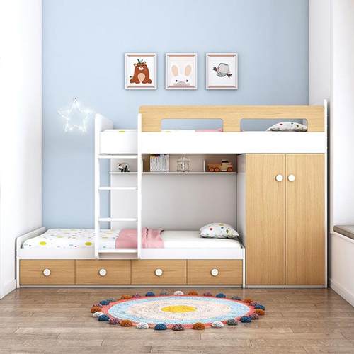 小户型儿童平行上下床双层错位高低床交错式多功能带书桌衣柜一体