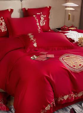 纯棉刺绣婚庆四件套大红色被套全棉结婚房陪嫁床上用品喜被1.8m米