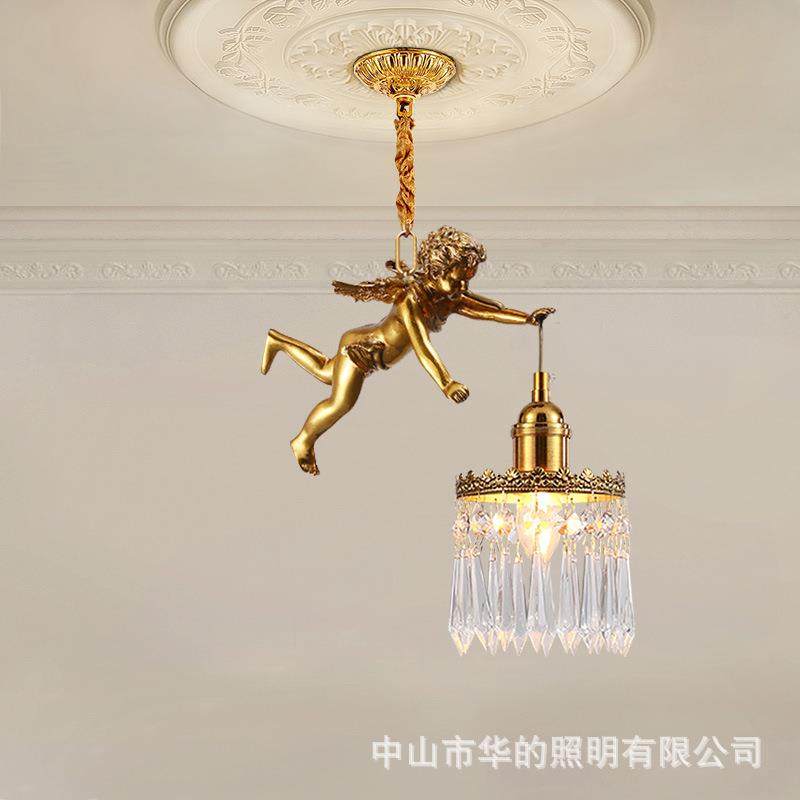 法式复古全铜吊灯阳台卧室餐厅欧式古典Vintage天使床头水晶吊灯