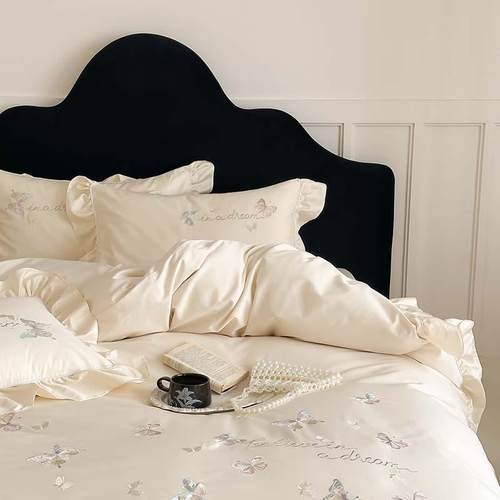 早春法式公主风荷叶边刺绣长绒棉纯棉四季床单被套四件套