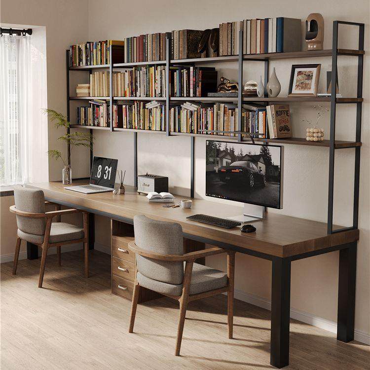 去客厅化书柜一体整墙实木双人电脑桌长条桌家用靠墙书桌书架写字