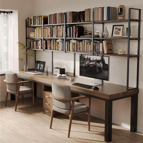 去客厅化书柜一体整墙实木双人电脑桌长条桌家用靠墙书桌书架写字