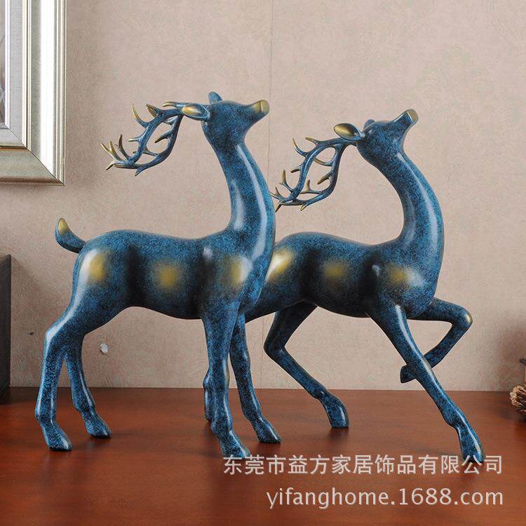 欧式树脂工艺品摆件欧美风格家饰蓝色情侣鹿摆件大厅卧室摆设