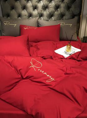 红色被套单件150x200x230床单被罩四件套结婚新婚高级感三件