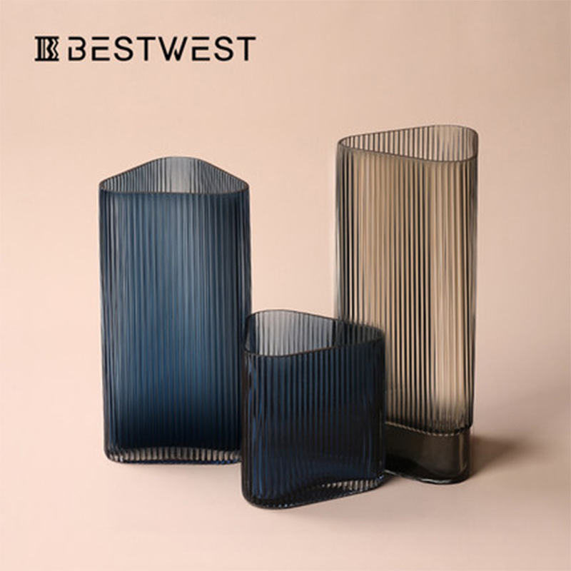 博西家居 北欧三角形蓝色直筒玻璃花瓶摆件竖纹水培花器家居软装