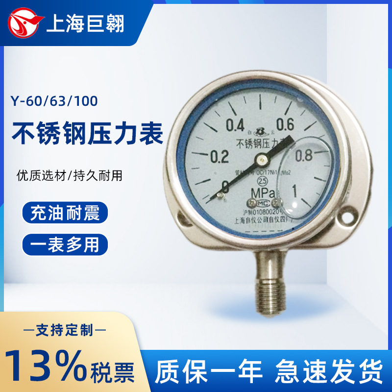Y-63BF-Z不锈钢耐震压力表0~1MPa轴向盘装带边充油耐震指针压力表