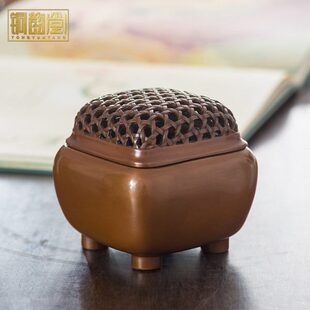 铜韵堂 紫铜香炉熏香炉仿古藤编四方香薰炉 香道用品檀香炉工艺品