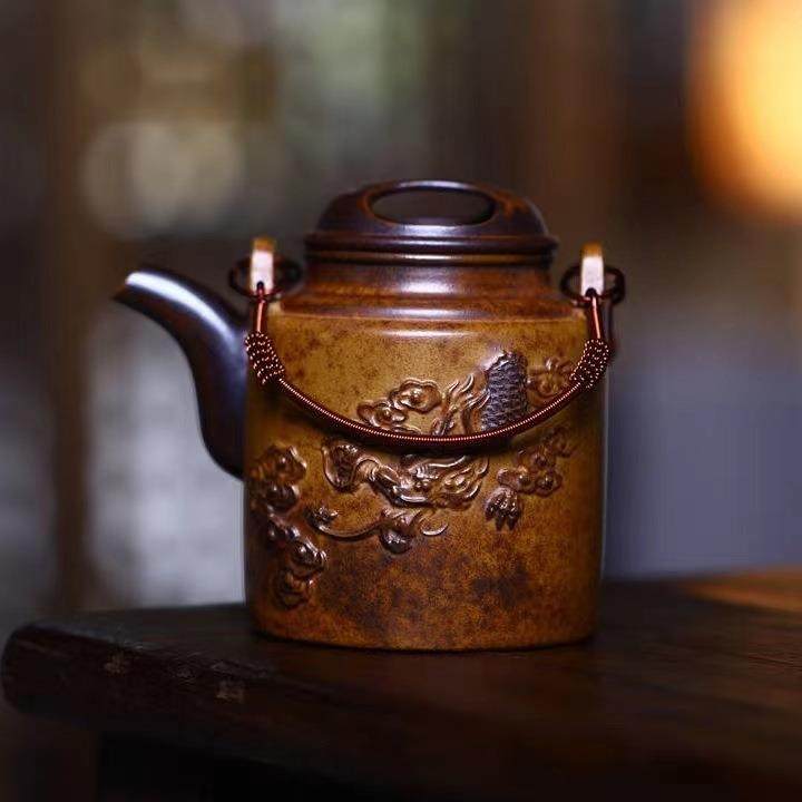 古龙窑柴烧洋桶提梁浮雕纹龙茶壶宜兴紫砂壶工堂直播供头茶具